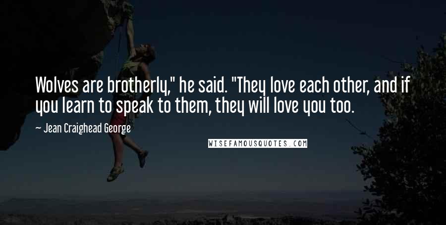 Jean Craighead George Quotes: Wolves are brotherly," he said. "They love each other, and if you learn to speak to them, they will love you too.