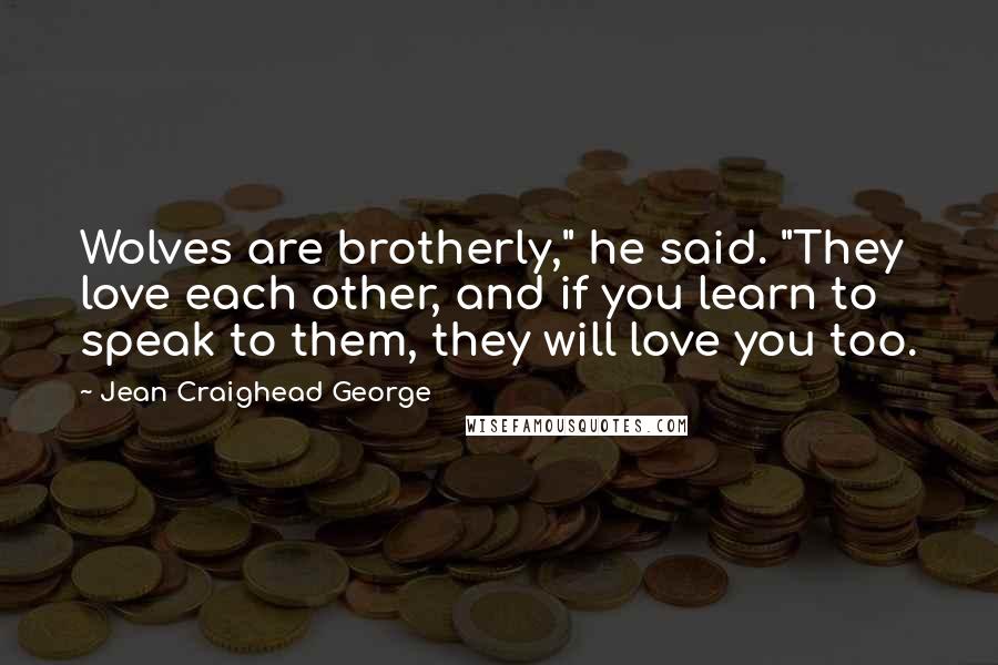 Jean Craighead George Quotes: Wolves are brotherly," he said. "They love each other, and if you learn to speak to them, they will love you too.