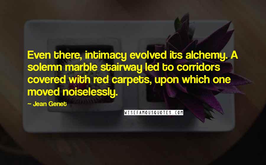 Jean Genet Quotes: Even there, intimacy evolved its alchemy. A solemn marble stairway led to corridors covered with red carpets, upon which one moved noiselessly.