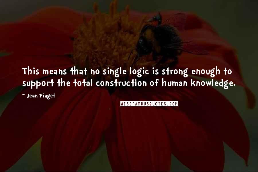 Jean Piaget Quotes: This means that no single logic is strong enough to support the total construction of human knowledge.