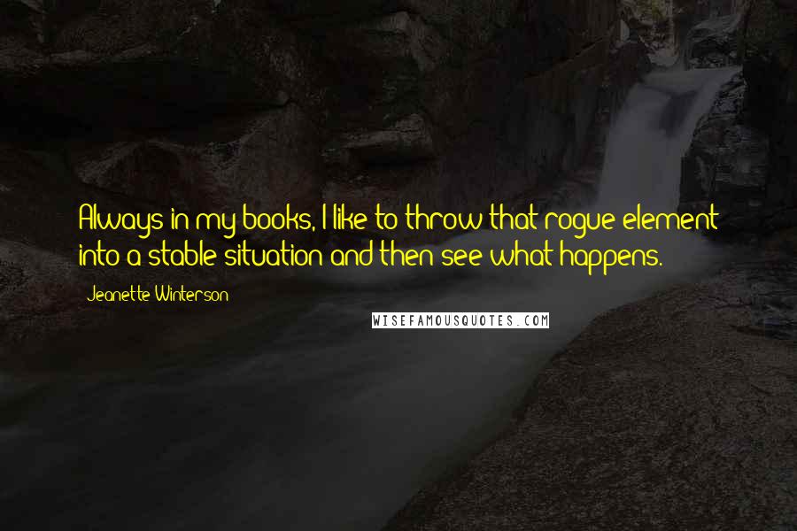 Jeanette Winterson Quotes: Always in my books, I like to throw that rogue element into a stable situation and then see what happens.