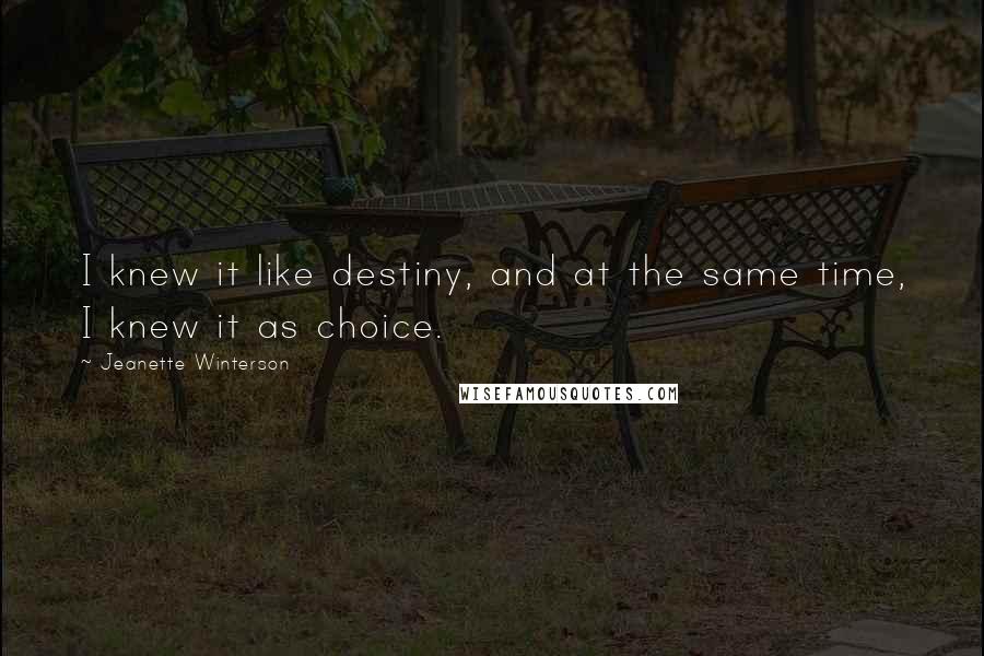 Jeanette Winterson Quotes: I knew it like destiny, and at the same time, I knew it as choice.