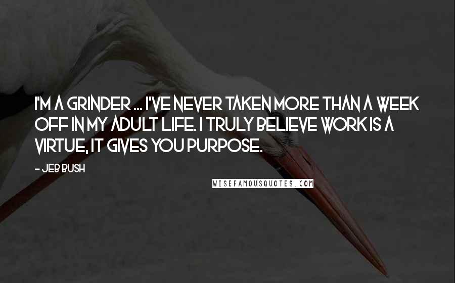 Jeb Bush Quotes: I'm a grinder ... I've never taken more than a week off in my adult life. I truly believe work is a virtue, it gives you purpose.