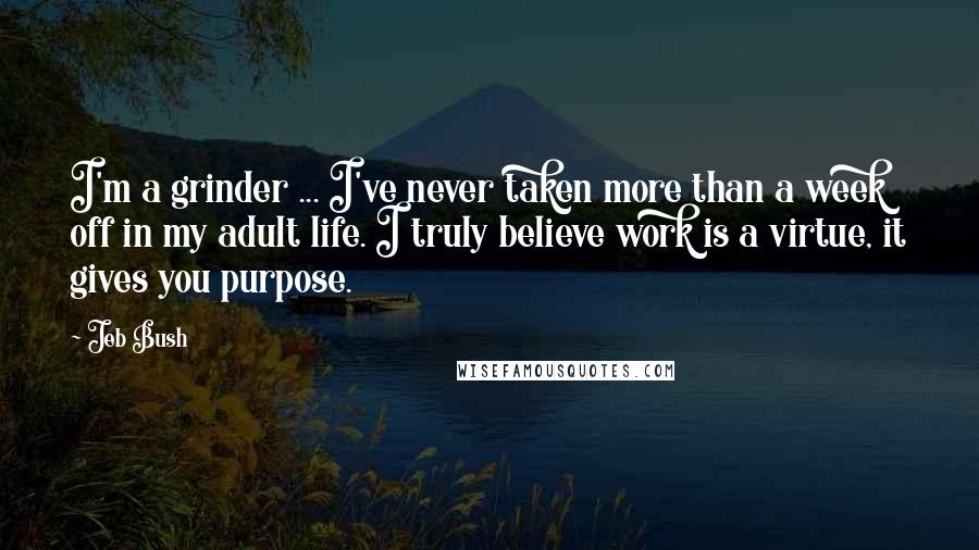 Jeb Bush Quotes: I'm a grinder ... I've never taken more than a week off in my adult life. I truly believe work is a virtue, it gives you purpose.