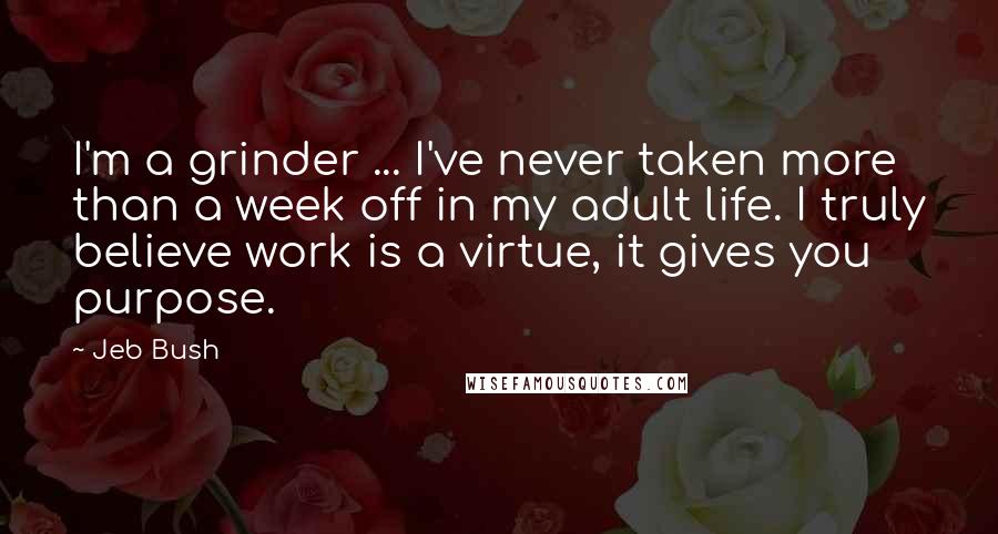 Jeb Bush Quotes: I'm a grinder ... I've never taken more than a week off in my adult life. I truly believe work is a virtue, it gives you purpose.