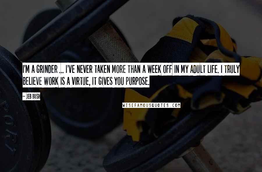 Jeb Bush Quotes: I'm a grinder ... I've never taken more than a week off in my adult life. I truly believe work is a virtue, it gives you purpose.