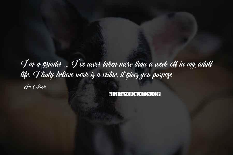 Jeb Bush Quotes: I'm a grinder ... I've never taken more than a week off in my adult life. I truly believe work is a virtue, it gives you purpose.
