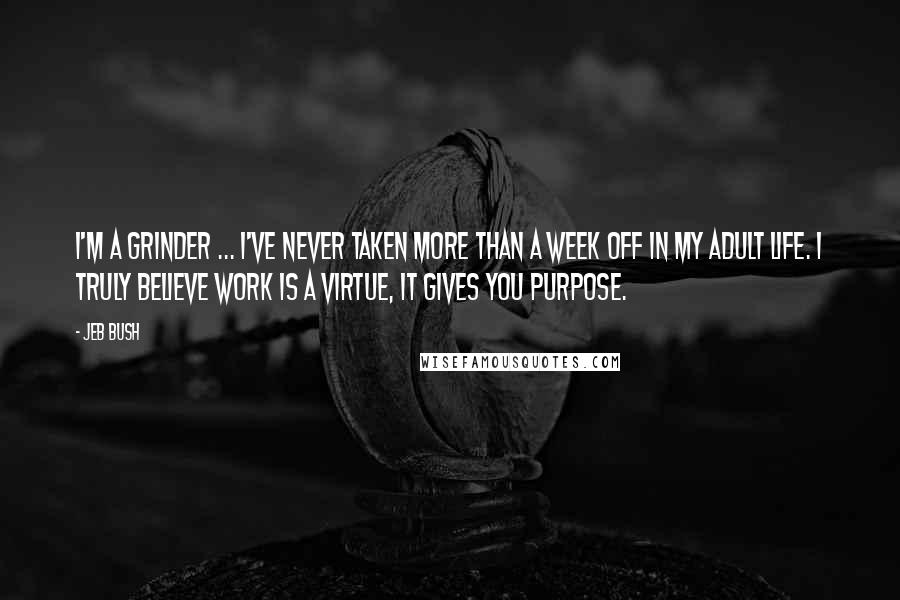 Jeb Bush Quotes: I'm a grinder ... I've never taken more than a week off in my adult life. I truly believe work is a virtue, it gives you purpose.
