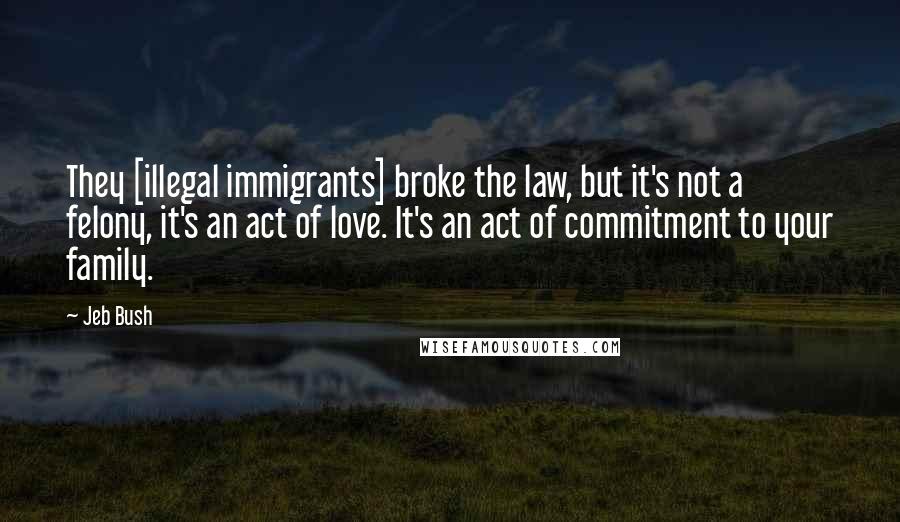 Jeb Bush Quotes: They [illegal immigrants] broke the law, but it's not a felony, it's an act of love. It's an act of commitment to your family.