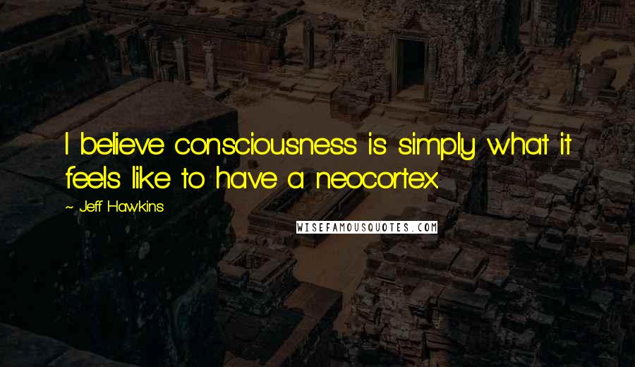 Jeff Hawkins Quotes: I believe consciousness is simply what it feels like to have a neocortex.