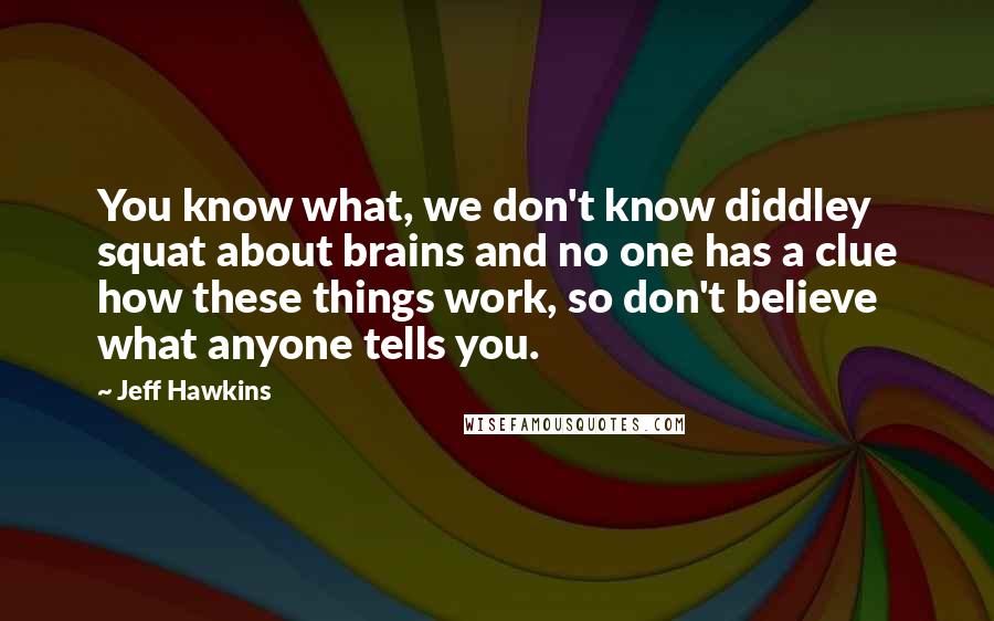 Jeff Hawkins Quotes: You know what, we don't know diddley squat about brains and no one has a clue how these things work, so don't believe what anyone tells you.