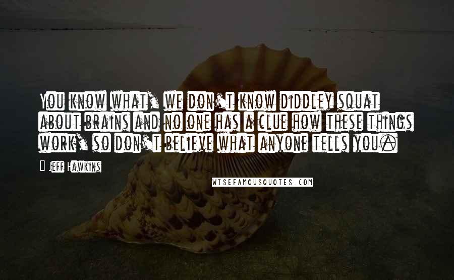 Jeff Hawkins Quotes: You know what, we don't know diddley squat about brains and no one has a clue how these things work, so don't believe what anyone tells you.