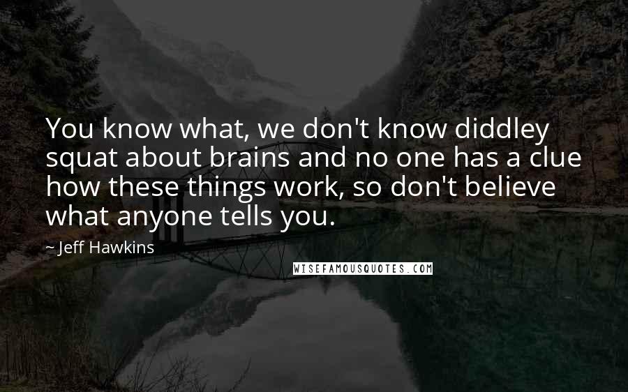 Jeff Hawkins Quotes: You know what, we don't know diddley squat about brains and no one has a clue how these things work, so don't believe what anyone tells you.