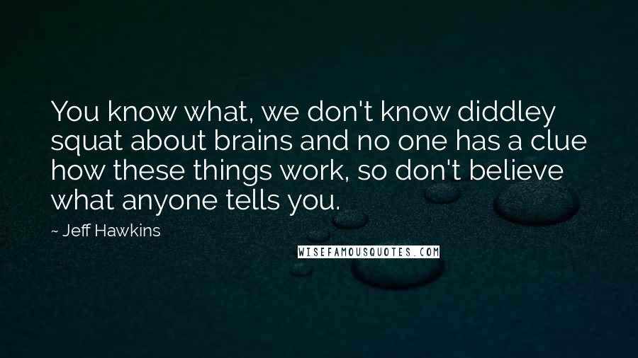 Jeff Hawkins Quotes: You know what, we don't know diddley squat about brains and no one has a clue how these things work, so don't believe what anyone tells you.