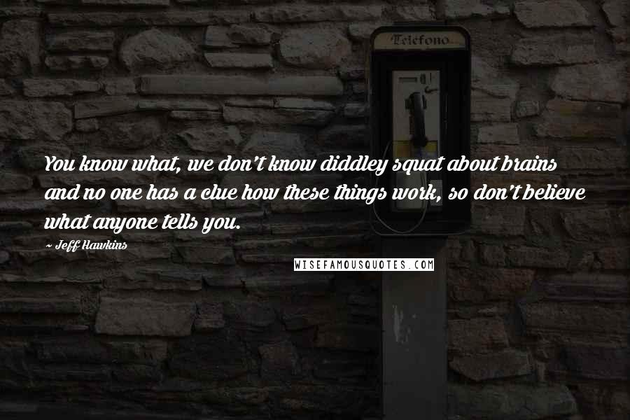 Jeff Hawkins Quotes: You know what, we don't know diddley squat about brains and no one has a clue how these things work, so don't believe what anyone tells you.