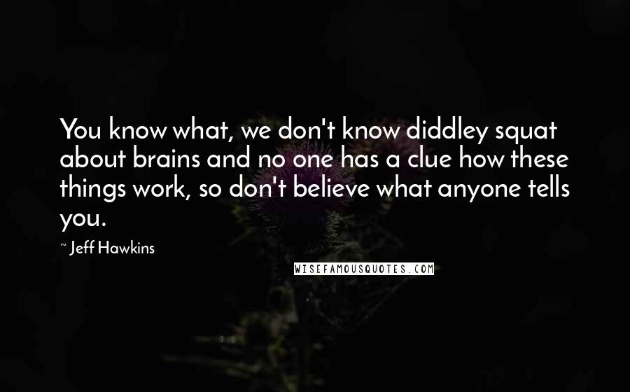 Jeff Hawkins Quotes: You know what, we don't know diddley squat about brains and no one has a clue how these things work, so don't believe what anyone tells you.