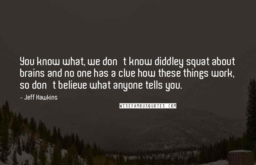 Jeff Hawkins Quotes: You know what, we don't know diddley squat about brains and no one has a clue how these things work, so don't believe what anyone tells you.