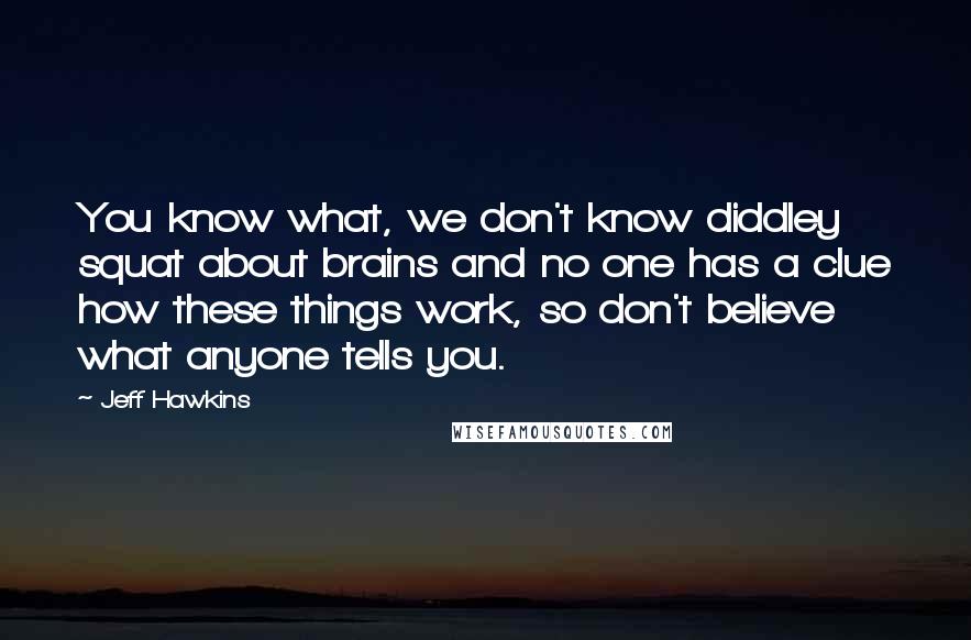 Jeff Hawkins Quotes: You know what, we don't know diddley squat about brains and no one has a clue how these things work, so don't believe what anyone tells you.