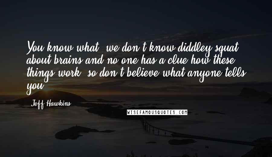 Jeff Hawkins Quotes: You know what, we don't know diddley squat about brains and no one has a clue how these things work, so don't believe what anyone tells you.