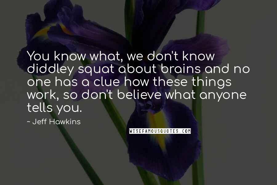 Jeff Hawkins Quotes: You know what, we don't know diddley squat about brains and no one has a clue how these things work, so don't believe what anyone tells you.