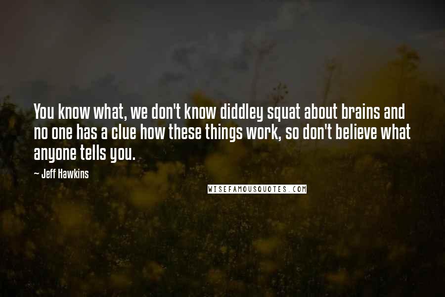 Jeff Hawkins Quotes: You know what, we don't know diddley squat about brains and no one has a clue how these things work, so don't believe what anyone tells you.