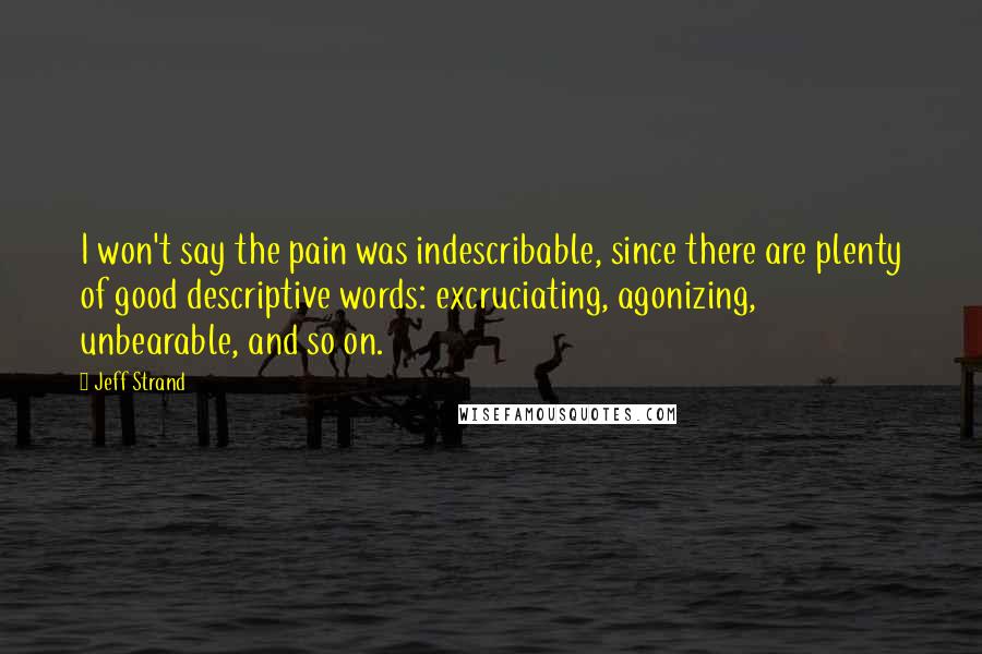 Jeff Strand Quotes: I won't say the pain was indescribable, since there are plenty of good descriptive words: excruciating, agonizing, unbearable, and so on.