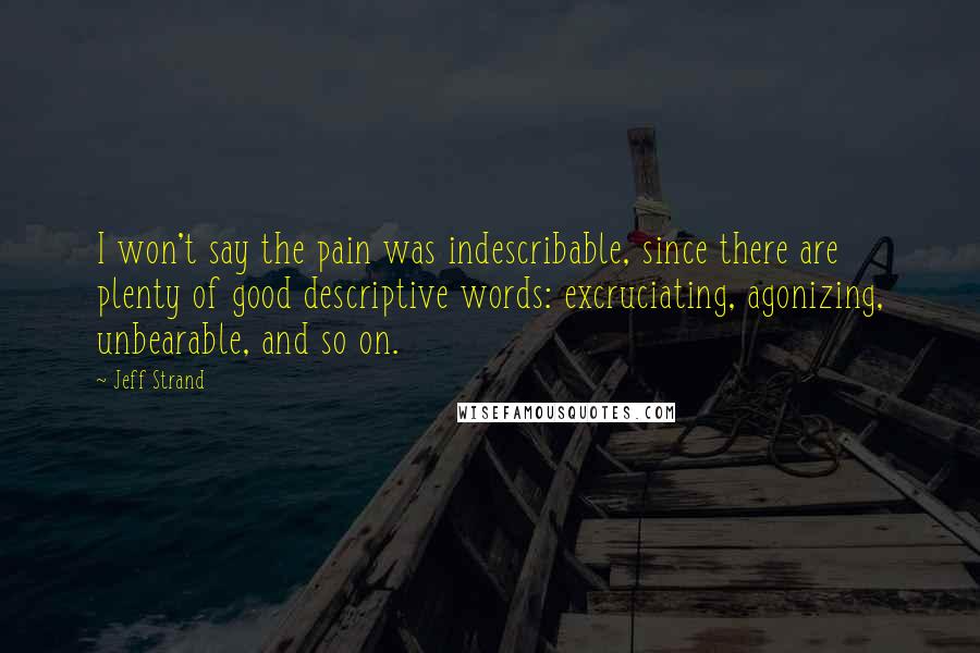 Jeff Strand Quotes: I won't say the pain was indescribable, since there are plenty of good descriptive words: excruciating, agonizing, unbearable, and so on.