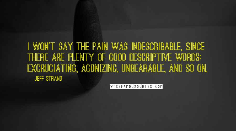 Jeff Strand Quotes: I won't say the pain was indescribable, since there are plenty of good descriptive words: excruciating, agonizing, unbearable, and so on.