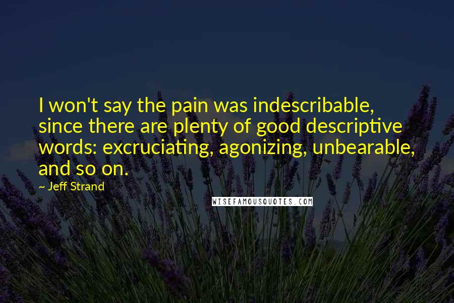 Jeff Strand Quotes: I won't say the pain was indescribable, since there are plenty of good descriptive words: excruciating, agonizing, unbearable, and so on.