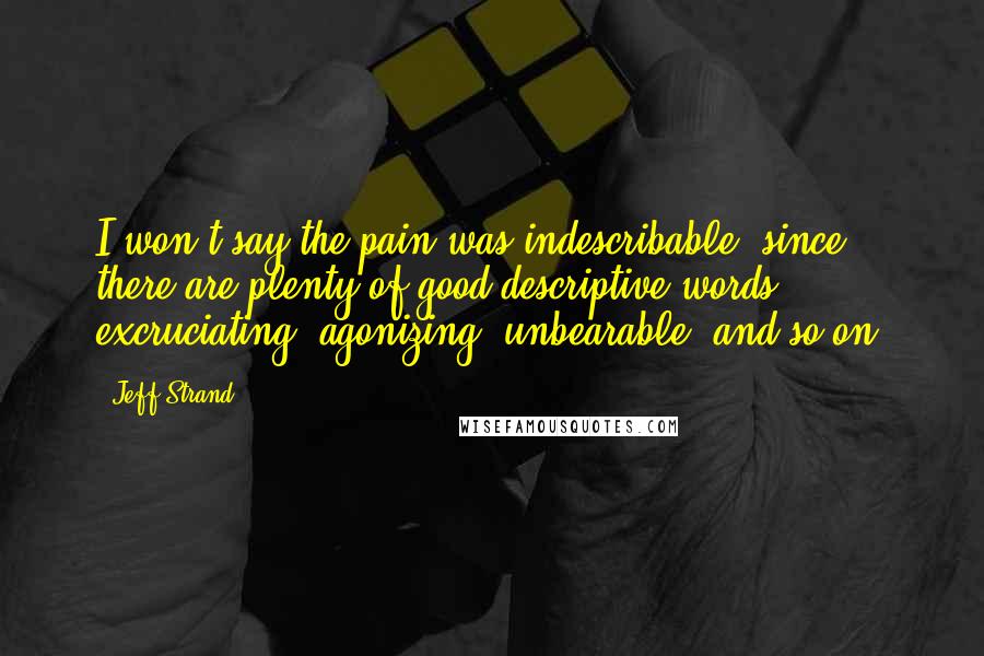 Jeff Strand Quotes: I won't say the pain was indescribable, since there are plenty of good descriptive words: excruciating, agonizing, unbearable, and so on.