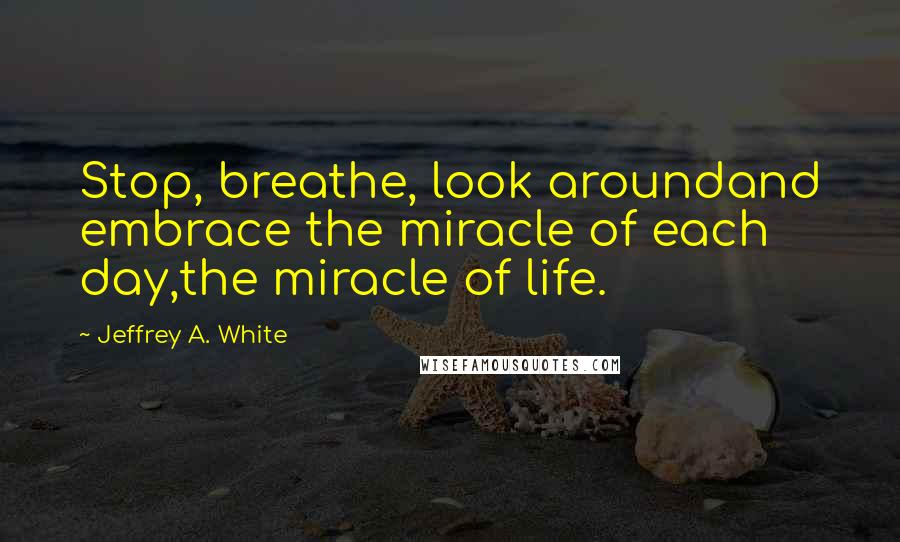 Jeffrey A. White Quotes: Stop, breathe, look aroundand embrace the miracle of each day,the miracle of life.