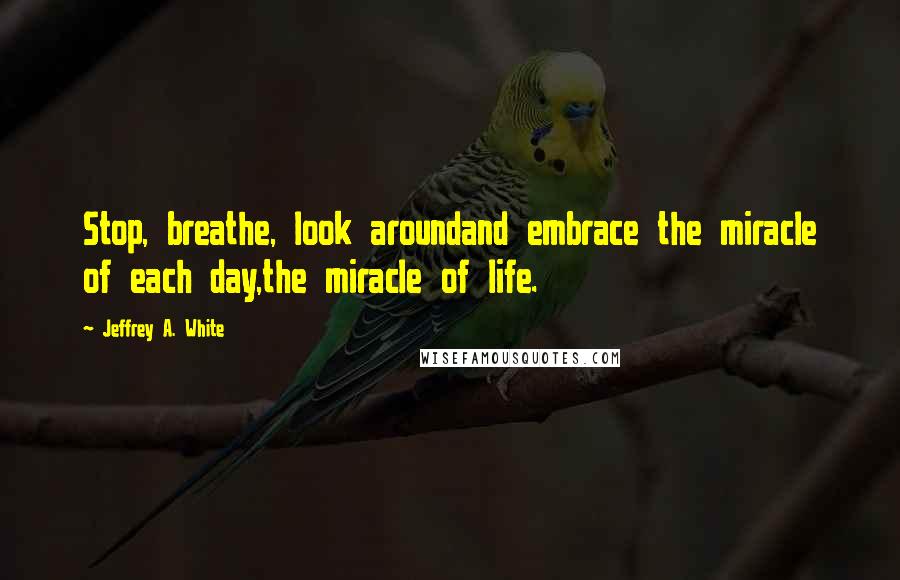 Jeffrey A. White Quotes: Stop, breathe, look aroundand embrace the miracle of each day,the miracle of life.