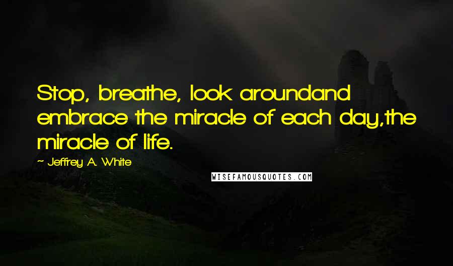 Jeffrey A. White Quotes: Stop, breathe, look aroundand embrace the miracle of each day,the miracle of life.