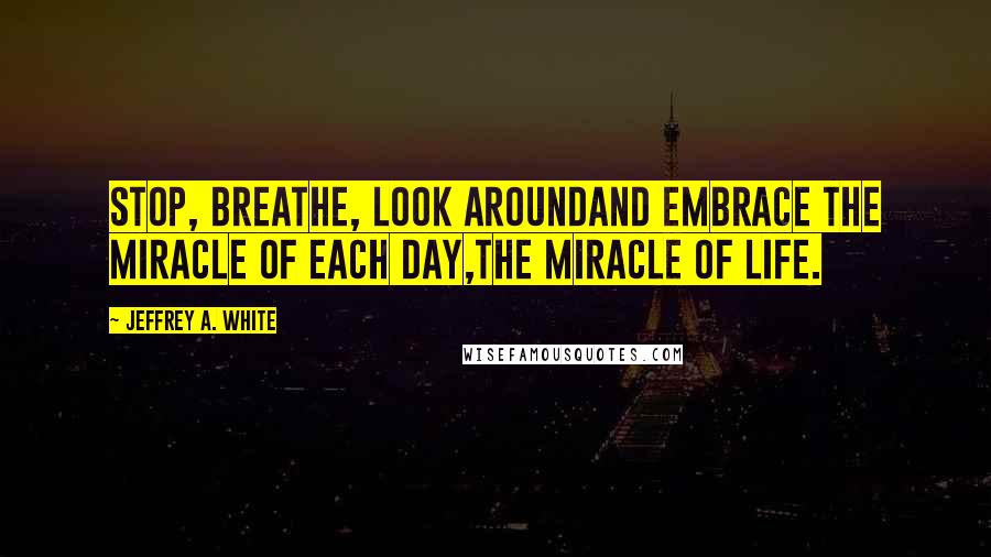 Jeffrey A. White Quotes: Stop, breathe, look aroundand embrace the miracle of each day,the miracle of life.