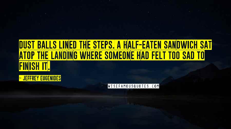 Jeffrey Eugenides Quotes: Dust balls lined the steps. A half-eaten sandwich sat atop the landing where someone had felt too sad to finish it.