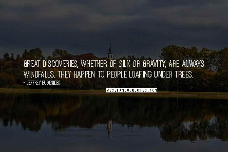 Jeffrey Eugenides Quotes: Great discoveries, whether of silk or gravity, are always windfalls. They happen to people loafing under trees.
