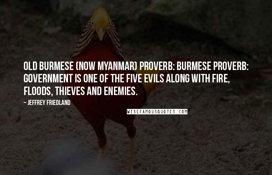 Jeffrey Friedland Quotes: Old Burmese (now Myanmar) proverb: Burmese proverb: Government is one of the five evils along with fire, floods, thieves and enemies.