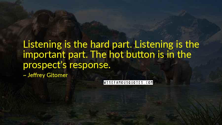 Jeffrey Gitomer Quotes: Listening is the hard part. Listening is the important part. The hot button is in the prospect's response.