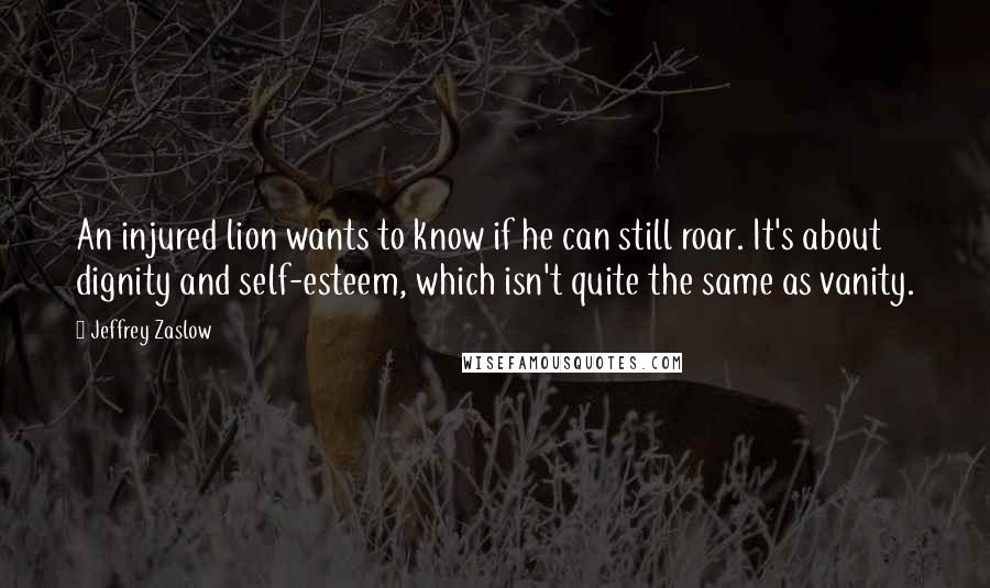 Jeffrey Zaslow Quotes: An injured lion wants to know if he can still roar. It's about dignity and self-esteem, which isn't quite the same as vanity.