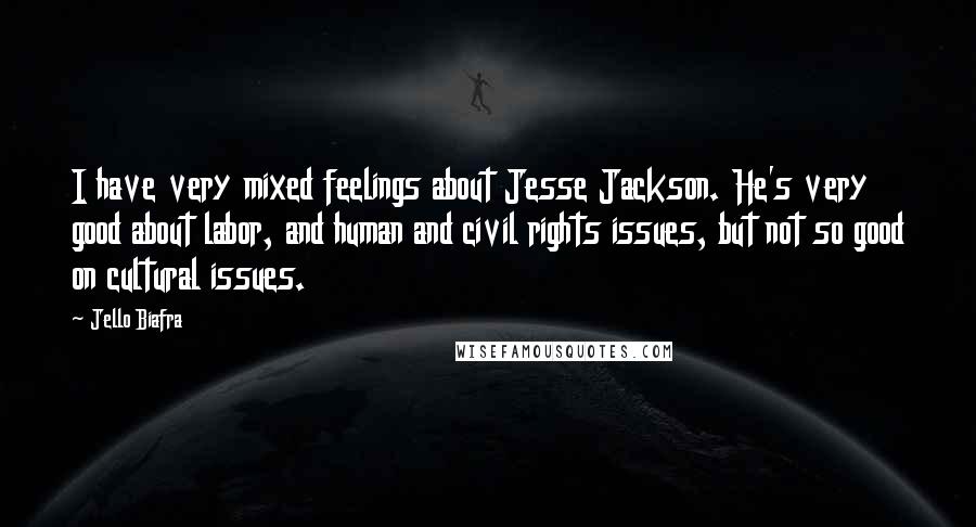 Jello Biafra Quotes: I have very mixed feelings about Jesse Jackson. He's very good about labor, and human and civil rights issues, but not so good on cultural issues.