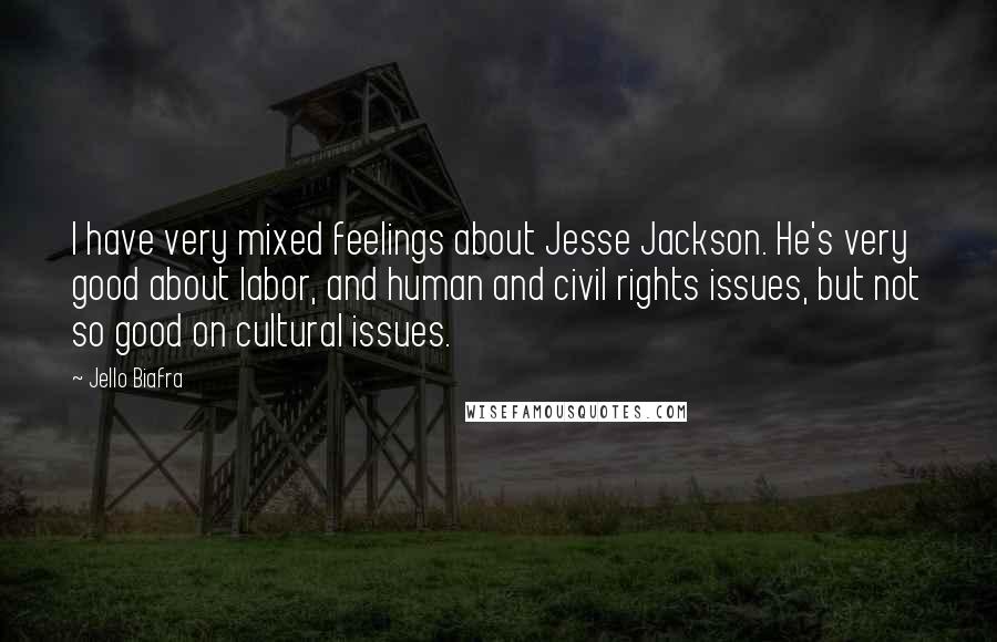 Jello Biafra Quotes: I have very mixed feelings about Jesse Jackson. He's very good about labor, and human and civil rights issues, but not so good on cultural issues.