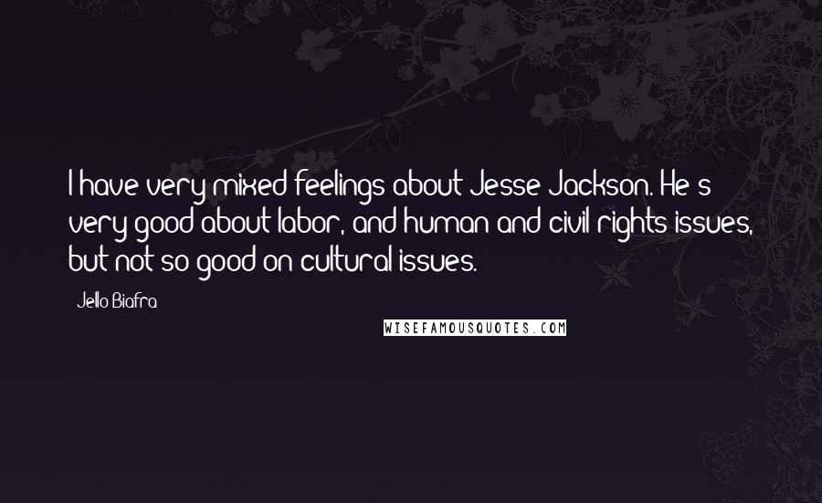 Jello Biafra Quotes: I have very mixed feelings about Jesse Jackson. He's very good about labor, and human and civil rights issues, but not so good on cultural issues.