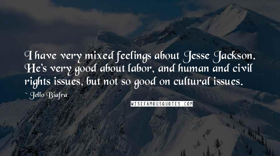 Jello Biafra Quotes: I have very mixed feelings about Jesse Jackson. He's very good about labor, and human and civil rights issues, but not so good on cultural issues.