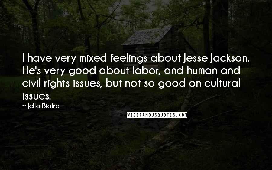 Jello Biafra Quotes: I have very mixed feelings about Jesse Jackson. He's very good about labor, and human and civil rights issues, but not so good on cultural issues.