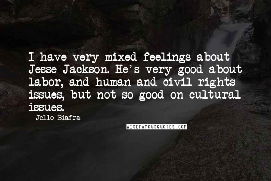 Jello Biafra Quotes: I have very mixed feelings about Jesse Jackson. He's very good about labor, and human and civil rights issues, but not so good on cultural issues.