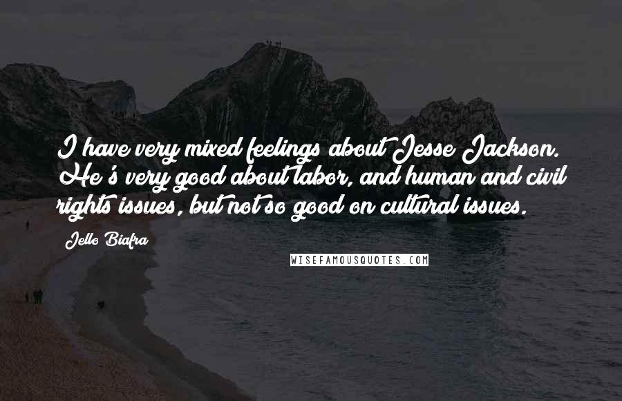 Jello Biafra Quotes: I have very mixed feelings about Jesse Jackson. He's very good about labor, and human and civil rights issues, but not so good on cultural issues.