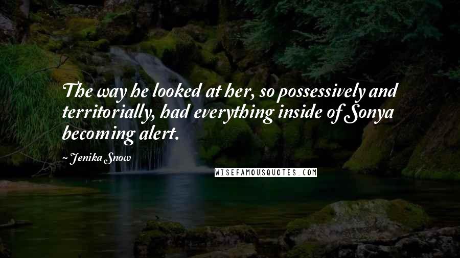 Jenika Snow Quotes: The way he looked at her, so possessively and territorially, had everything inside of Sonya becoming alert.