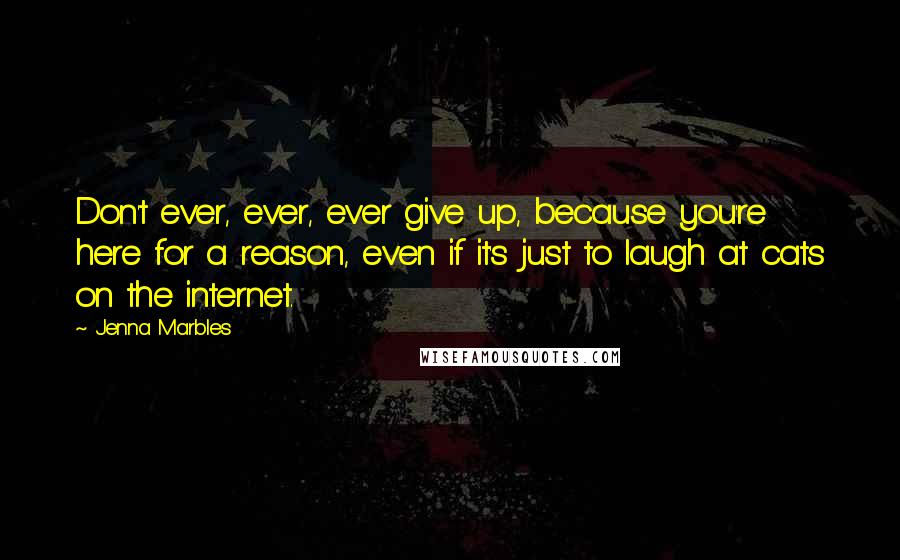 Jenna Marbles Quotes: Don't ever, ever, ever give up, because you're here for a reason, even if it's just to laugh at cats on the internet.