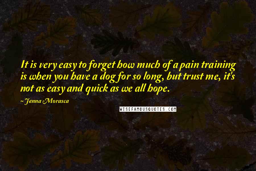 Jenna Morasca Quotes: It is very easy to forget how much of a pain training is when you have a dog for so long, but trust me, it's not as easy and quick as we all hope.