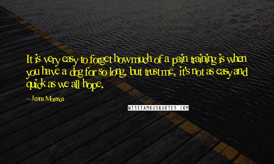 Jenna Morasca Quotes: It is very easy to forget how much of a pain training is when you have a dog for so long, but trust me, it's not as easy and quick as we all hope.